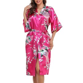 Lovasy Kimono Dressing Gowns Satin Kimono Robe Peacock and Blossoms Silk Dressing Gown for Women UK Long Silk Bride and Bridesmaid Robes,Rose Red,L