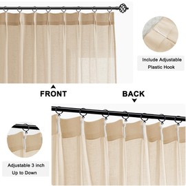 Hiasan Beige Faux Linen Pinch Pleated Curtains 108 Inches Long Semi Sheer Curtains for Bedroom Pinch Pleated Drape with Tieback for Living Room, Easy Hanging with Hooks 2 Panels 52" W x 108" L