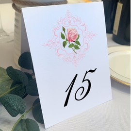 Pink Tea Rose Wedding Table Numbers, 1-25, Double Sided, Tent or Use in a Stand, Great for Parties & Restaurants - Made in the USA