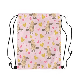 jejeloiu Platypus Drawstring Backpack 13x15.7inch Australian Animals Pink Gym String Bag Cute Heart Pattern Drawstring Bags Waterproof Cinch Bag（Glitter Print）