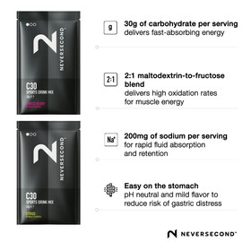 Neversecond C30 Sports Drink, High Performance Electrolyte Hydration & Carbohydrates, Never2 Sports Drink for Ultra Triathlons, Cycling, & Marathons (Single Servings, 6-Count Variety Pack)