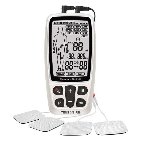 Therapist’s Choice® Rechargeable TENS3N1RB Combo TENS, EMS, Massage with Body Image Diagram Electrode Placement, with Belt Clip and Display Box.