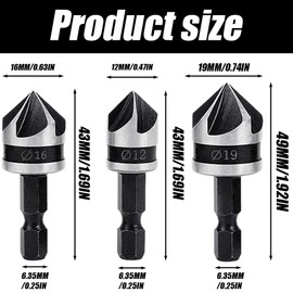 3 Pcs Countersink Chamfer Drill Bit Set, Countersink Bore Set, 90 Degree Woodworking Chamfer Drilling Tools with 1/4Inch Hex Shank, 12mm 16mm 19mm