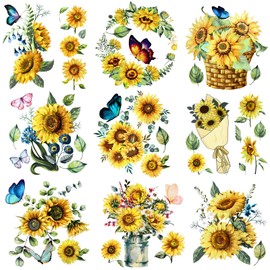 9 Sheets Sunflower Rub on Transfer for Furniture and Craft Spring Summer Vintage Flowers Butterflies Spring Rub on Decal Transfer Sticker for Craft Furniture Wood Decor, 5.5 x 5.7 Inches (Sunflower)