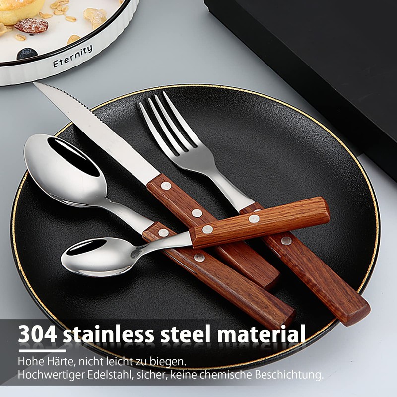 Cutlery Set with Wooden Handle, Shiny Stainless Steel Cutlery Including