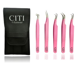 CITI GLAMOUR Lash Tweezers For Eye Lash Extension set of 5 Precise Fiber Tip with Diamond Grip Complete set for Volume Lashes Pink