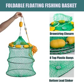 TRICALI Foldable Floating Fish Basket for Caught Fish, Collapsible Fishing Bait Storage Cage, Portable Fish Holder for Keeping Crayfish Minnows Leaches and Other Live Baits