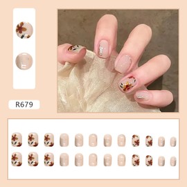 24PCS Full Cover Reusable False Nails Kits, Press on Nail Short Square Glue on Nails with Flower Designs Artificial Glossy Fingernails Acrylic Fake Nails for Women Stick on Nails Coffin Shape