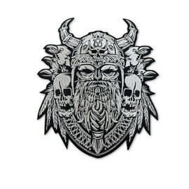Viking Warrior Back Patch, Large Raven Skull Design, Black and White Embroidered, Motorcycle Jacket Emblem