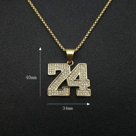 Bling Iced Out Sparkly Link Chain with Number Pendant,Chunky Diamond Cubic Zirconia Basketball Charm Gold Plated/Silver NO.24 Necklace for Men,Titanium Steel Athletes Sports Team Hip-hop Jewelry