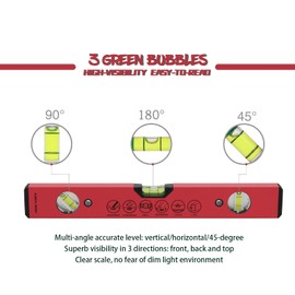 BETHEL Torpedo Level, 16" Magnetic Torpedo Spirit Level Tool with 3 Vials, 45°/90°/180°Degrees, Aluminum Shockproof Bubble Level, High Visibility Red Durable Measuring Leveler