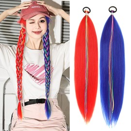 LACE PLUS Hair Ponytail Extension with Elastic Tie, Rainbow Long Straight Hairpieces Braided Hair Extensions Party Highlights Hair Accessories for Kids Girls Red Blue Extensions 26 Inch 2PCS(Red/Blue)