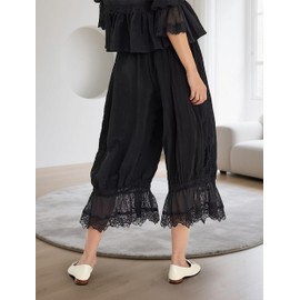 IYOWEL Women Ruffle Long Bloomer Y2K Lace Trim Pettipants Cute Capri Pants Cropped Lounge Pantaloons Comfy Pajama Bottoms Black M