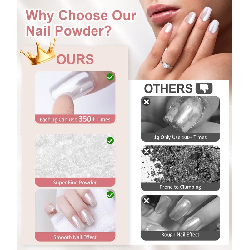 4 Boxes White Pearl Chrome Nail Powder - BISHENGYF Glazed