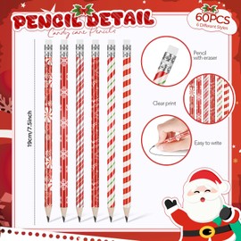 Watersay 60 Pcs Christmas Pencils with Eraser Xmas Wood Pencils Bulk Christmas Stationery Pencil for Kids Classroom Students Reward School Christmas Party Supplies (Candy Cane)