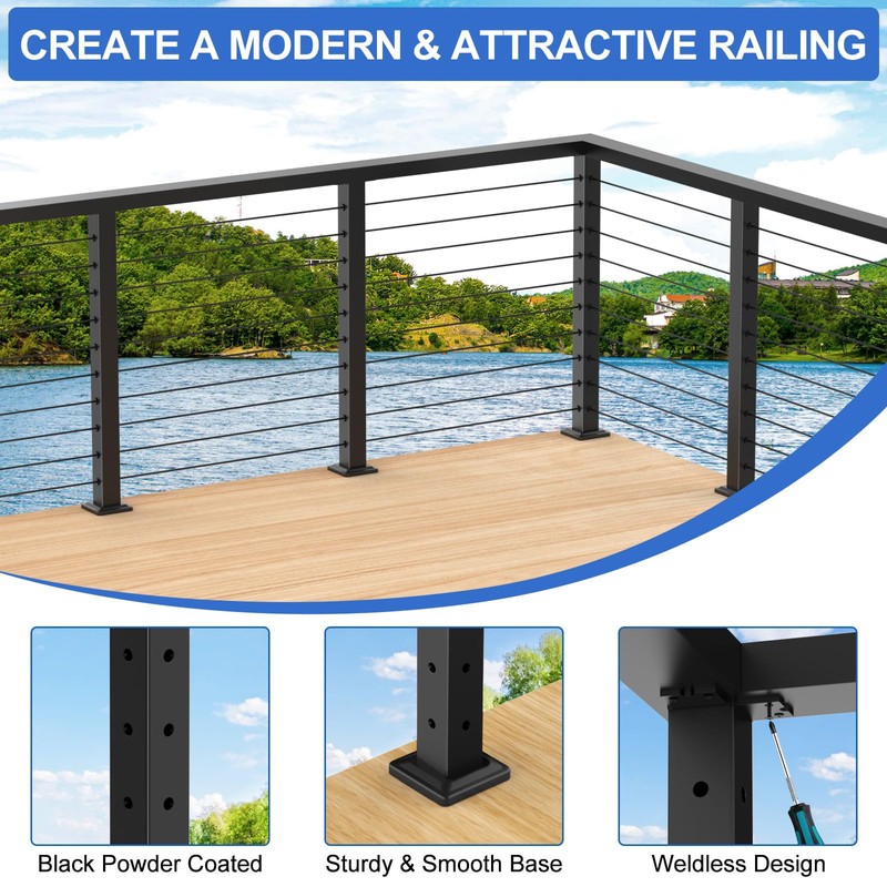 PLANTOP 35" Stainless Steel Corner Cable Railing Post, Black Top