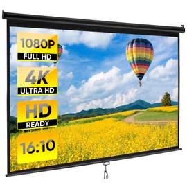 Saicool 100 Inch Projection Screen Outdoor Indoor 16:9 HD Foldable Manual Pull Down Projector Screen for Movie Home Backyard Theater Cinema Office Video Game, White (Black)