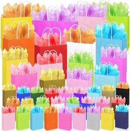 KEEPARTY 84 PCS Assorted Sizes Gift Bags with Handles 42 Gift Bags 4 Sizes 20 Colors 42 Tissue Papers 6 Color for Birthday Bridal Shower Christmas Party