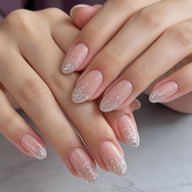 Pack of 24 Press On Nails Short Oval - Nude Glitter Fingernails for Gluing, Natural Fake Nails, Full Cover Fingernail with Nail Glue - Shiny DIY Artificial Nails for Gluing for Women