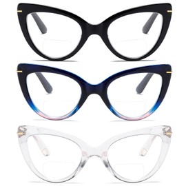MMOWW Cat Eye Bifocal Reading Glasses for Women Fashion Cute Blue Light Blocking Readers 3 Pack, Black/Blue Pink/Transparent +1.5