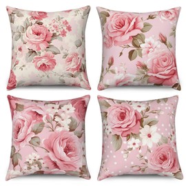 ASDCXZ Flowers Cushion Cover 40 x 40 cm Set of 4 Vintage White Rose Flowers Leaves Sofa Decorative Cushion Covers Cushion Covers Washable Polyester Flax Textile Outdoor Pillowcase Cushion Cover