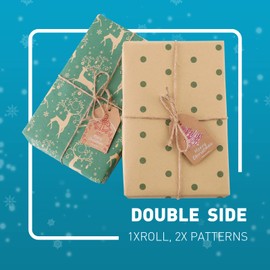 haipicho Christmas Wrapping Paper Roll, Double-sided Printing on Recycled Kraft Paper - 43cm x 15m per Roll