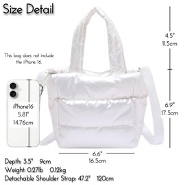 Quilted Metallic Lightweight Phone Crossbody Purse, Puffer Small Tote Bag Soft Padded Adjustable Strap, Women Shoulder Bag (White)