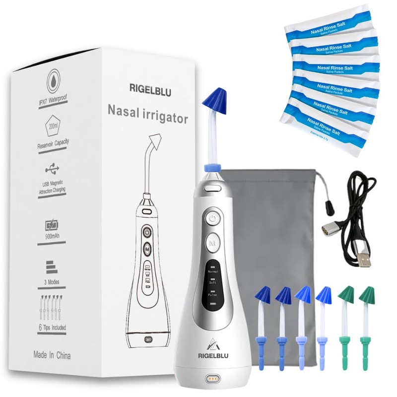 RIGELBLU Cordless Nasal Irrigator Electric Sinus Rinse Kit with 3