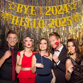 Giflloon Bye 2024 Hello 2025 Banner, No DIY Glitter Happy New Year Banner for Happy New Year Decorations 2025, New Year Eve Party Supplies 2025, Gold