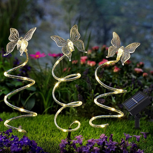 Set of 3 Solar Spiral Butterfly Garden Stake Lights, 45 LED 8 Lighting Modes Butterfly Figurines Decorative Outdoor Pathway Lights Waterproof for Garden, Yard, Lawn