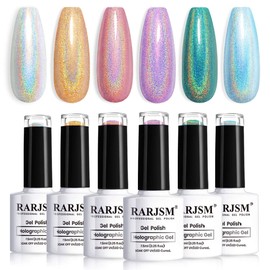 RARJSM Holographic Gel Nail Polishes Set,Sliver Rose Gold Blue Green Purple Nail Gel Polishes,Holo Glitter Gel Polish Kit,6pcs with Gift Box 7.5ML Nail Varnish Curing Rqiures French Manicure