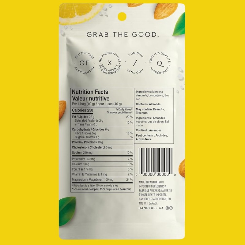 Handfuel Lemon Marcona Almonds, Hand Roasted Salted Almonds, 10g of