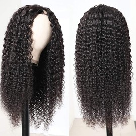 V Part Wig Human Hair Curly Glueless Wig For Women Human Hair Easy to Wear Daily Wear 14 Inch Natural Black 180% Density