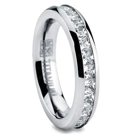 Metal Masters 3MM High Polish Princess Cut Ladies Eternity Titanium Ring Wedding Band with Cubic Zirconia CZ Size 5.5
