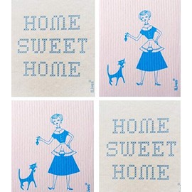 Ninelives Dish Cloth Home Sweet Home and Woman + Cat Set of 4 | Cotton and Celllulose Cloths for Dishes, Kitchen, Bathroom | Sponge Cloth I Cleaning Cloth