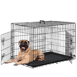 24/7 Shop at Home Gossamer Metal Double Door Folding Wire Pet Crate with Divider, Removable Tray, and Handle for Outdoor and Indoor Medium Dog, 36-inch, Black