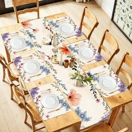 ANNA QUEEN Spring Floral Table Runner and Placemats Set of 6, 13"x72" Table Runner with 12"x18" Placemats, Watercolor Flower Dining Table Decor for 4 to 6 People, Summer Kitchen Decoration