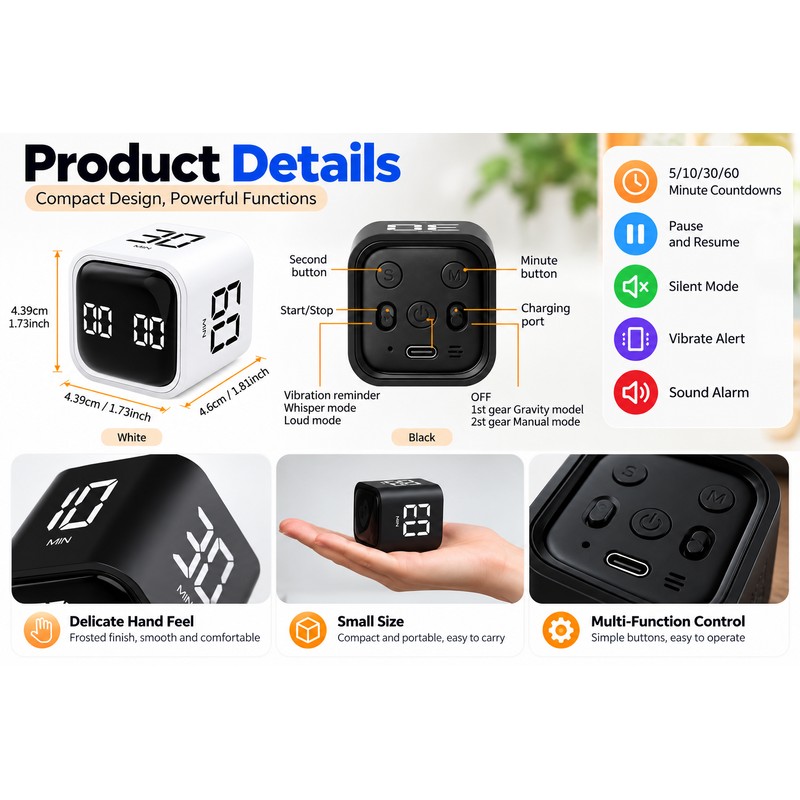 Cube Countdown Timer for Work & Study – 5/10/30/60 Min