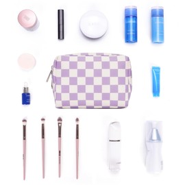 Narwey Small Checkered Makeup Bag for Purse Travel Makeup Pouch Mini Cosmetic Bag for Women (Purple Checkerboard, Small)