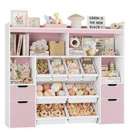 HORSTORS 55" W Toy Storage Organizer with Drawers, Large Kids Toy Storage Box with Removable Bins, Tall Kids Bookshelf and Bookcase for Boys and Girls, Modern Toy Chest for Playroom, Classroom, Pink