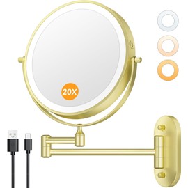 Auxmir 8'' Wall Mounted Lighted Makeup Mirror, 3200mAh Rechargeable Double-Sided 1X/20X Magnifying Mirror with Light, Touch Dimmable 3 Color Light, 360° Rotation Foldable Extended Arm, Gold