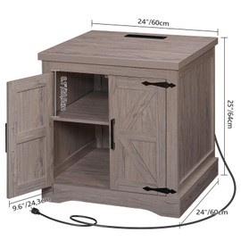 MAHANCRIS Farmhouse Nightstand with Charging Station, 24" Large End Table with Barn Door and Adjustable Storage Shelf, Square Grey Nightstand, Rustic Bedside Table for Bedroom, Living Room