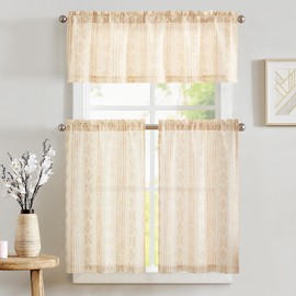 jinchan Boho Stripe Kitchen Curtains and Valance Set Linen Tier Curtains Bohemian Small Window Drapes 24 Inch for Cafe Living Room Bathroom Window Treatments Rod Pocket 3 Pieces Set Taupe on Beige