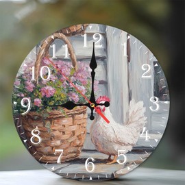 10-Inch Silent Wooden Wall Clock, White Hen Near Flower Basket Clock ” Silent Non-Ticking Clock, Battery Operated (AA Batteries Not Included), Artistic Home Decor