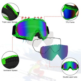ZukMi Dirt Bike Goggles ATV Goggles Motocross Goggles Motorcycle Goggles MX Off Road Goggles for Men Women Adult Youth Riding Racing green Flame Color Lens
