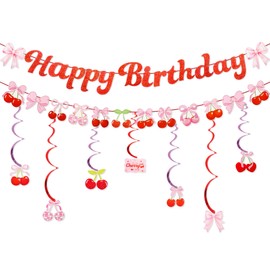 Dmnnlp 17pcs Cherry Party Decorations, Glitter Birthday Banner and She's The Cherry On Top Theme Hanging Swirl for Baby Showers, Kids' Party, Bridal Favors Supplies