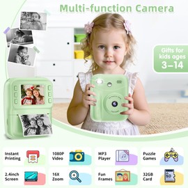 MINIBEAR Instant Print Camera for Kids Camera for Girls Boys Toys Age 5-7, Toddler Selfie Video Digital Camera Christmas Birthday Gifts for 3 4 5 6 7 8 9 10 Year Old Boys, 32GB Card Print Paper, Green