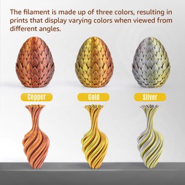 dikale Silk Tricolor PLA+ 3D Printer Filament 1.75mm No Tangle, Neatly Wound Filament Net Weight 250g Spool, PLA Pro Plus, Gold & Silver & Copper