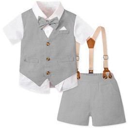 SANGTREE Boys' Gentleman Bowtie Formal Outfit V Neck Vest Wedding Party Suit, Linen Short Grey, 18-24 Months = Tag 90