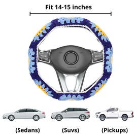 14-15in Crochet Steering Wheel Cover for Women, Handmade Sun Moon Seat Belt Covers, Boho Cute Car Accessories Fit Vehicles, Sedans, SUVs, Vans CSWCS (Wheel Cover Suit)